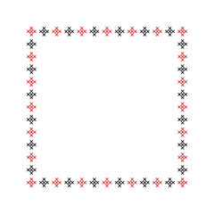 Embroidered frame, decorative element. Ukrainian embroidery geometric ornament with stitches and crosses, square frame. Traditional national Ukrainian red and black embroidery.