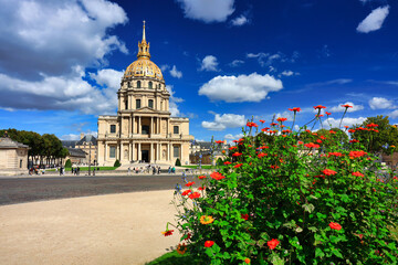 Beautiful architecture of the Les Invalides building with a golden dome in Paris, France