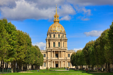 Beautiful architecture of the Les Invalides building with a golden dome in Paris, France