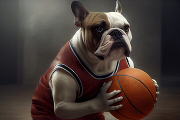 adorable ai generated French bulldog, dressed as a basketball player