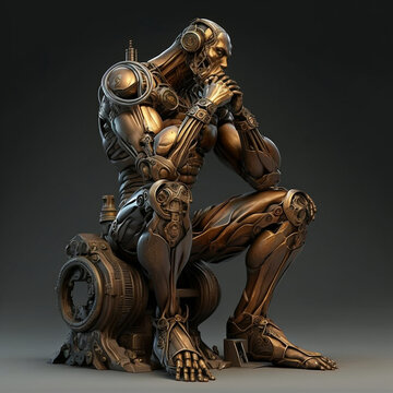 Sci-fi fantasy: the Thinker-robot, inspiration by the Rodin's Thinker made with generative AI 