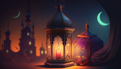 Fototapeta premium Holy Ramadan Kareem moon. Month of fasting for Muslims. Generative AI