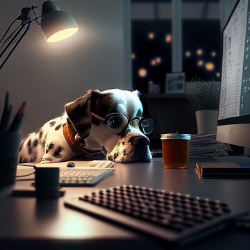 Work Like A Dog, A Dog With Glasses Works In Front Of Computer In The Office Late At Night, Feeling Exhausted And Miserable