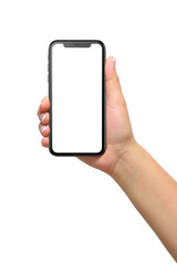 Mockup of female hand holding a black smartphone with blank screen isolated  on a transparent background.