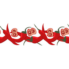 Seamless border with red chili pepper on a white background. Vector flat background.