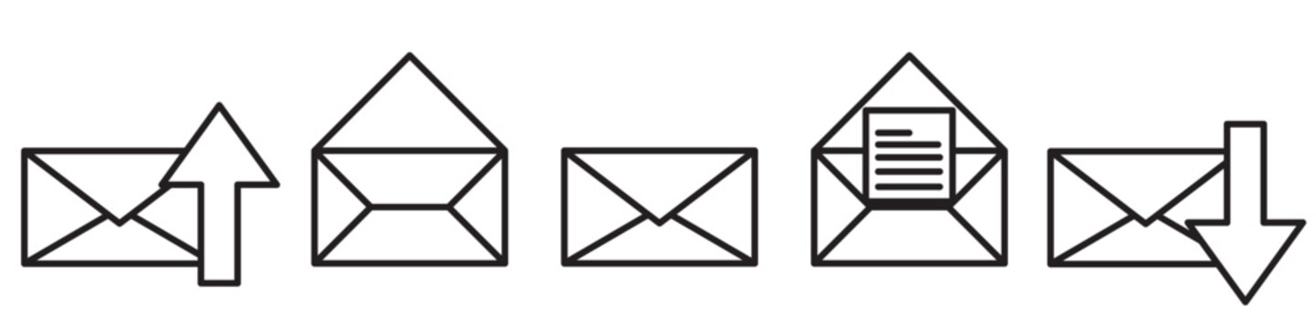Mail envelope icon set with marker new message isolated. Render email notification with letters, check mark, paper plane and magnifying glass icons.