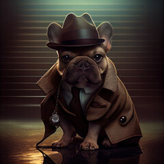 adorable ai generated French bulldog, dressed as a classic 1940's detective in a suit and tie