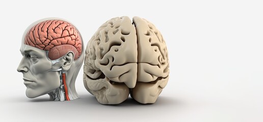 human skull and brain on white background, AI Generative, 