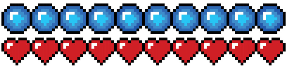 Pixel art is 8-bit. Set of health and oxygen icons for games, web, design and more. Vector extensions. Dotted pop art. Creative vision logo concept.