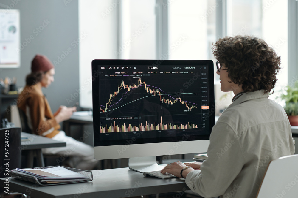Poster Young female stock exchange manager analyzing online statistic data while sitting in front of desktop computer screen in openspace office