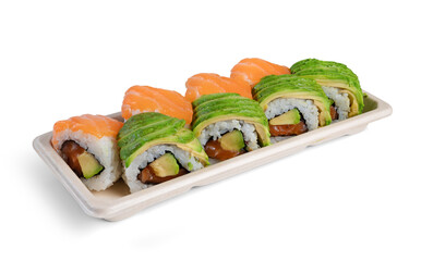 maki sushi tray with salmon and avocado isolated on white background