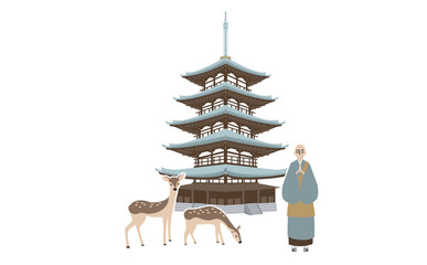 五重塔とお坊さんと鹿のイラスト　アウトラインなし