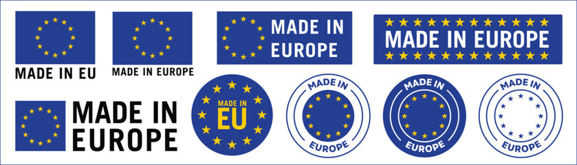 made in Europe icon, made in Eu icon, European Union product, Made in EU Badge, Made in EU emblem, isolated logo Vector symbol stickers