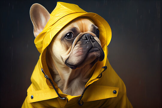 adorable ai generated French bulldog, dressed as a fisherman in a rain coat