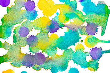 Cut-out blue, orange, green, purple and yellow watercolor paint on paper design element.