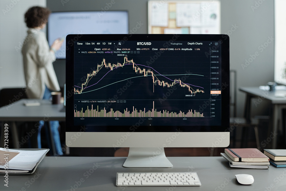 Aufkleber Screen of computer with financial chart and graph created by analyst or trader against young economist standing by whiteboard