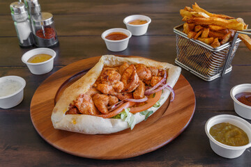 Sandwich kebab fait maison dans une assiette sur une table en bois. Döner Kebab gros plan.