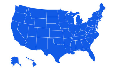 Blue map with highlighted USA states vector graphic on white isolated background eps 10