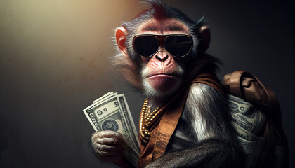 Lustiger Affe mit Sonnenbrille und Geldscheinen in der Hand, Generative AI - obrazy, fototapety, plakaty
