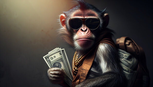 Lustiger Affe mit Sonnenbrille und Geldscheinen in der Hand, Generative AI