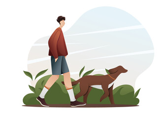 white guy with dark hair in a red t-shirt, blue shorts, sneakers walking with a dog with plants in the background with an abstract background