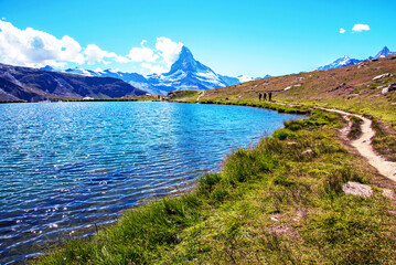 Fantastic landscape with the Matterhorn in the Swiss Alps and Lake Stellisee, near Zermatt, Switzerland.