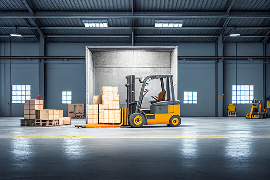 Gabelstapler mit Paketen in einer riesigen Lagerhalle : Effiziente Lagerwirtschaft und Logistik in Aktion - Generative Ai
