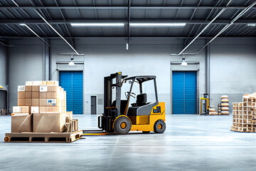 Gabelstapler mit Paketen in einer riesigen Lagerhalle : Effiziente Lagerwirtschaft und Logistik in Aktion - Generative Ai