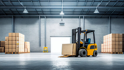 Gabelstapler mit Paketen in einer riesigen Lagerhalle : Effiziente Lagerwirtschaft und Logistik in Aktion - Generative Ai