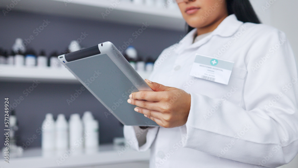 Poster Young scientist using a digital tablet and microscope in a lab. Female pathologist analyzing medical samples while doing experiments to develop a cure. Microbiologist conducting forensic research