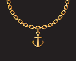 Gold necklace with anchor illustration, vector design