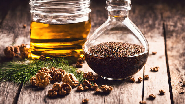 glass bowl with some flax and glass with linseed oil and some wallnuts laying on an old wooden table as natural vegan source of omega-3 and proteins, generative AI