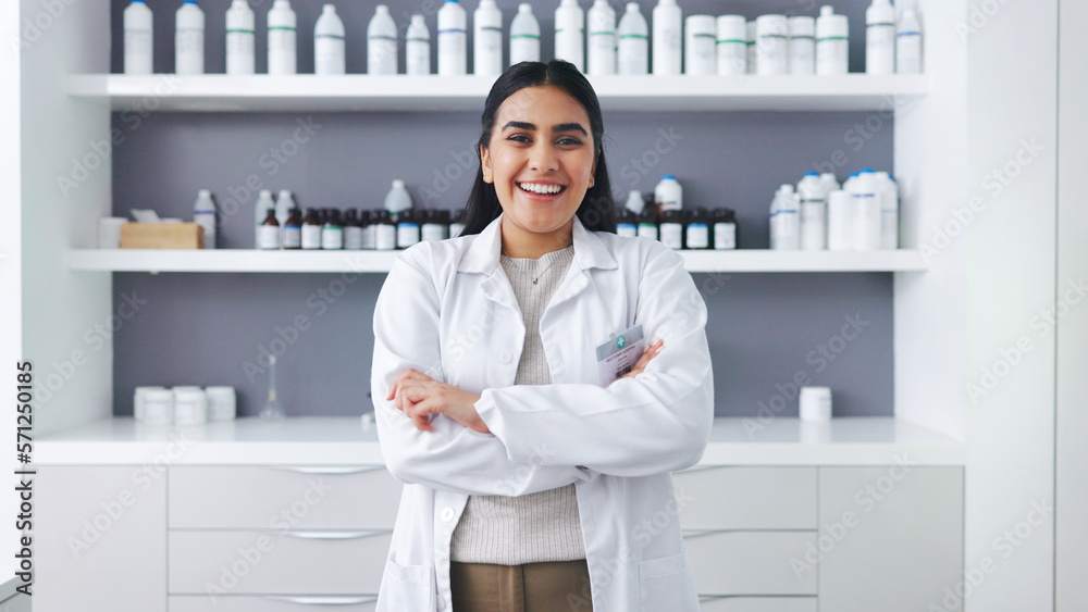 Aufkleber portrait of a female scientist using a microscope in a research lab. young biologist or biotechnolog
