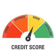 Credit score meter. Gauge, business report concept. Excellent, good, average, poor level scale. Credit rating performance design. Vector illustration