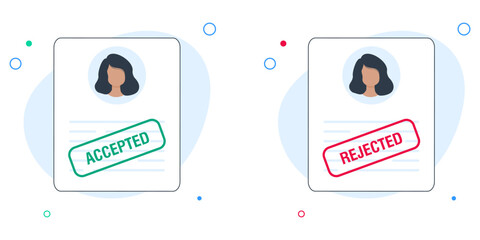 A woman was accepted, refused a job. Blank or resume with stamp rejected and accepted. Flat vector illustration