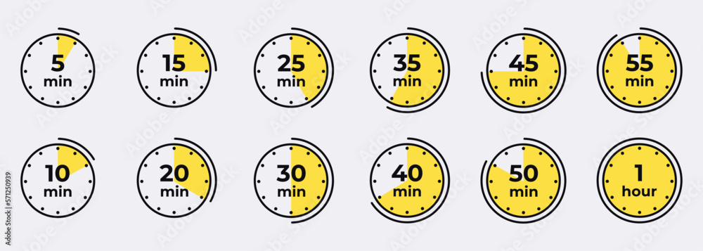 Wall mural timer, clock, stopwatch isolated set icons. countdown timer symbol icon set. label cooking time. vec
