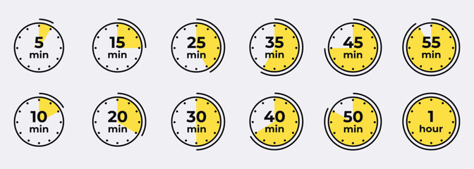 Timer, clock, stopwatch isolated set icons. Countdown timer symbol icon set. Label cooking time. Vector illustration