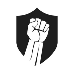 Raised fist symbol. Clenched fist symbol on a shield. Security or protection logo. Vector illustration.