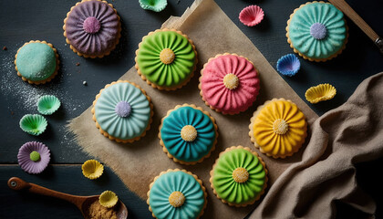 Delicious cookies in the form of spring flowers on a neutral background. Space to place text.