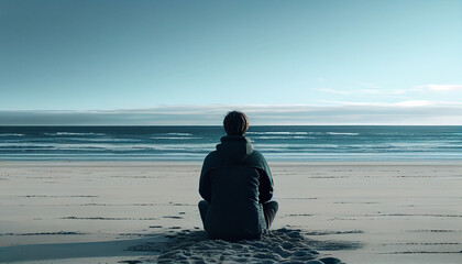 A person sitting on the beach, looking at the horizon with a serene and meditative gaze. generated by AI