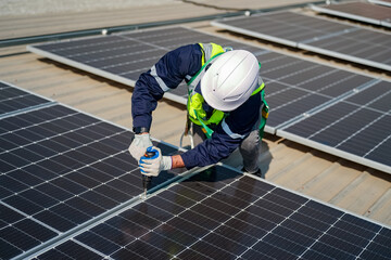 Technology solar cell, Engineer service check installation solar cell on the roof of factory. technician checks the maintenance of the solar panels