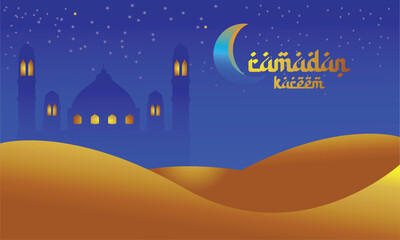 Islamic holiday banner in three dimensions with a monotone purple design. Mosque gateway, metal moon, and Ramadan lantern on display platform. Calligraphy, eid mubarak