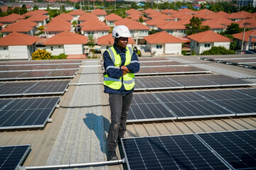 Technology solar cell, Engineer service check installation solar cell on the roof of factory. technician checks the maintenance of the solar panels