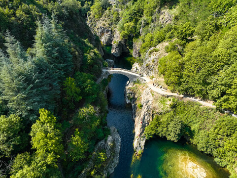 Le pont du diable or Devil Bridge ain Thueyts village in the Ardeche department in southern France.