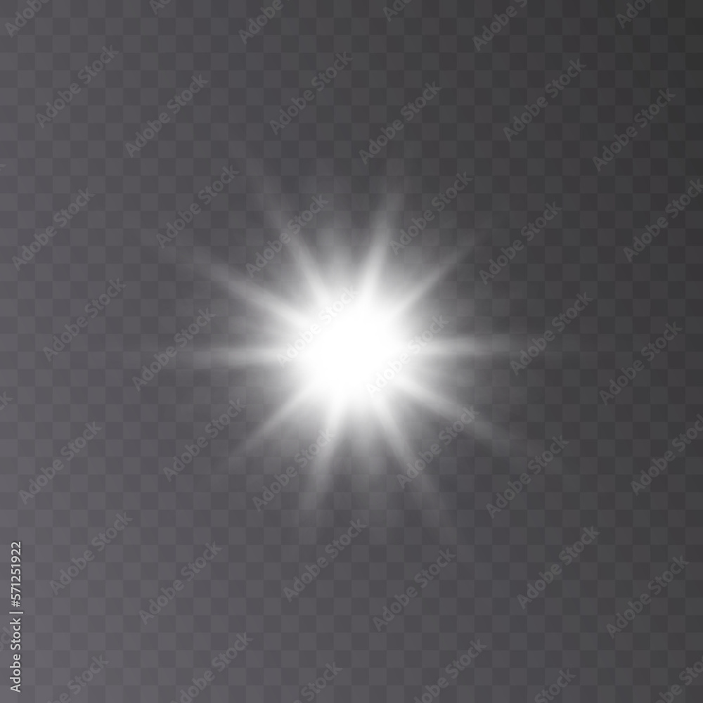 Poster bright sun shines with cold rays, vector illustration glowing white star on a transparent background