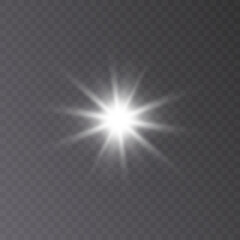 Bright sun shines with cold rays, vector illustration Glowing white star on a transparent background. Flash of light, sun, twinkle. Vector for web design and illustrations.	
