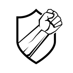 Raised fist symbol. Clenched fist symbol on a shield. Security or protection logo. Vector illustration.
