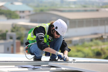 Technology solar cell, Engineer service check installation solar cell on the roof of factory. technician checks the maintenance of the solar panels