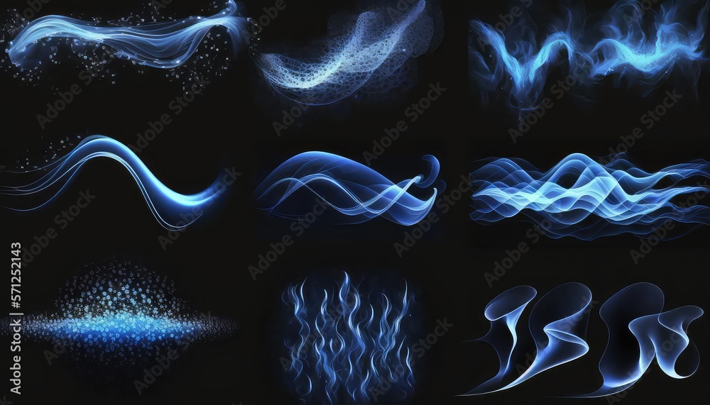 Poster fresh or frosty air flow set isolated on black background. magic power, light speed effect design.be