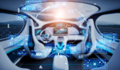 Futuristic car interior and communication network concept. Wide angle visual for banners or advertisements.